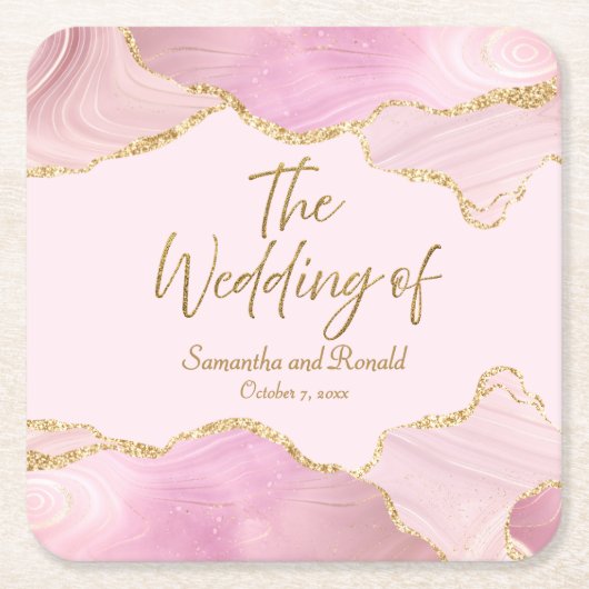 Roze & Gouden Glitter Agaat De Huwelijk Van Kartonnen Onderzetters (Voorkant)