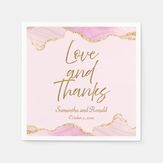 Roze & Gouden Glitter Agaat Liefde en Bedankt Wedd Servet (Voorkant)