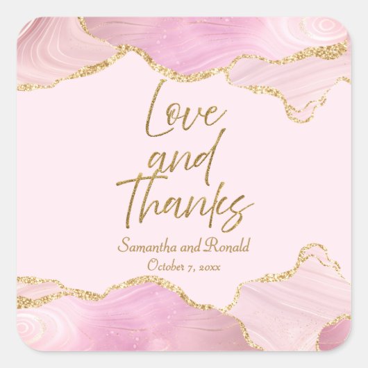 Roze & Gouden Glitter Agaat Liefde en Bedankt Wedd Vierkante Sticker (Voorkant)