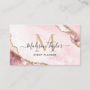 Roze Gouden Glitter Agaat Monogram Event Planner Visitekaartje