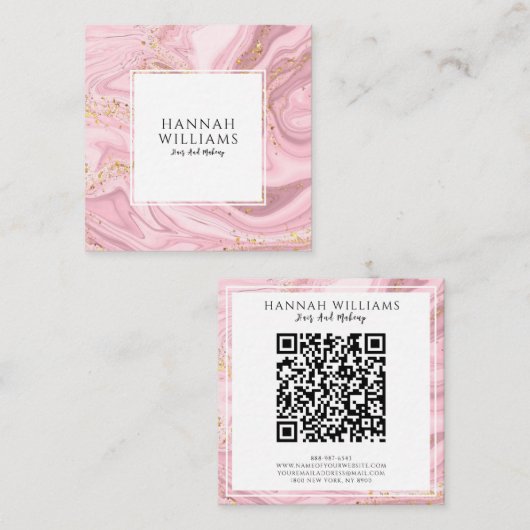 Roze & Gouden Glitter Agaat QR Code Modern Uniek Vierkante Visitekaartje (Voorkant / Achterkant)