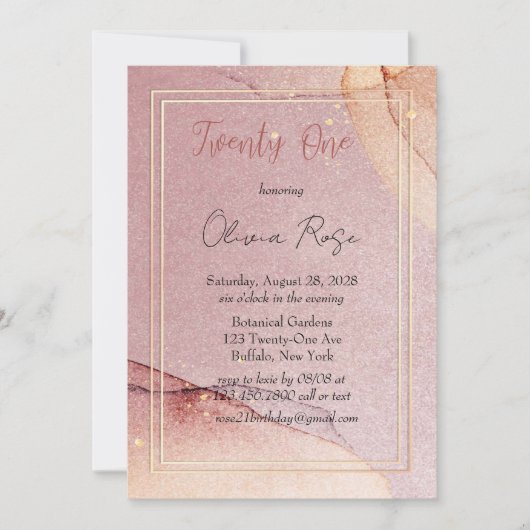 Roze Gouden Glitter Alcohol Inkt 21e Verjaardagsfe Kaart (Voorkant)