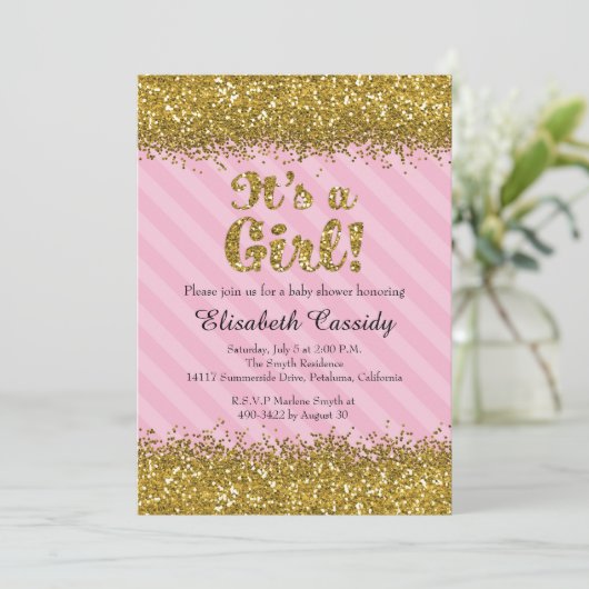 Roze & Gouden Glitter Baby Meisje Douche Uitnodigi Kaart (Staand voorkant)