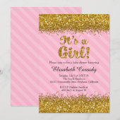 Roze & Gouden Glitter Baby Meisje Douche Uitnodigi Kaart (Voorkant / Achterkant)