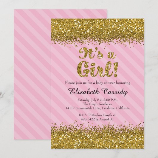 Roze & Gouden Glitter Baby Meisje Douche Uitnodigi Kaart (Voorkant / Achterkant)