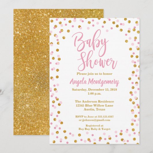 Roze & Gouden Glitter Baby shower Invitation Kaart (Voorkant / Achterkant)