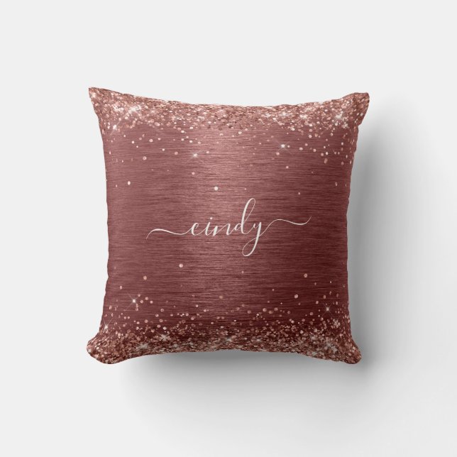 Roze Gouden Glitter Baksteen Rood Geborsteld Metaa Kussen (Voorkant)