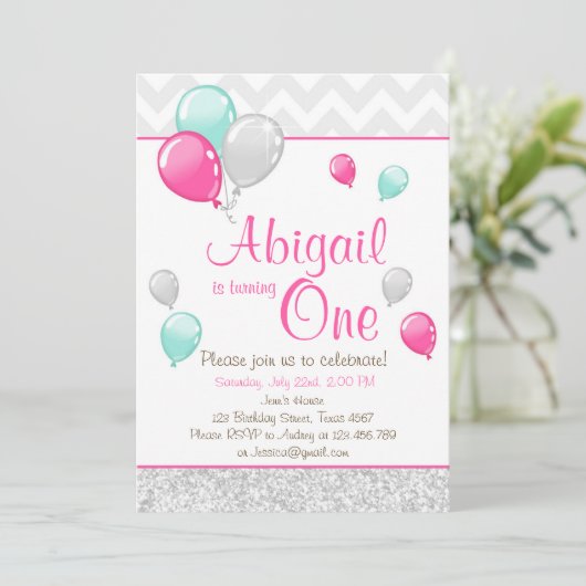 Roze Gouden Glitter Ballonnen Verjaardag Uitnodigi Kaart (Staand voorkant)