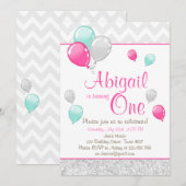 Roze Gouden Glitter Ballonnen Verjaardag Uitnodigi Kaart (Voorkant / Achterkant)