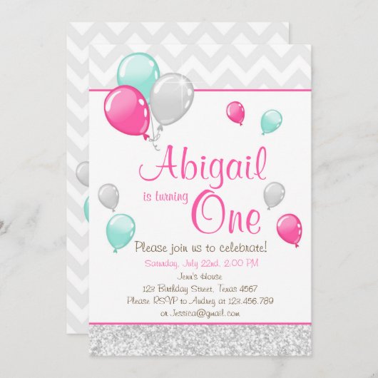 Roze Gouden Glitter Ballonnen Verjaardag Uitnodigi Kaart (Voorkant / Achterkant)