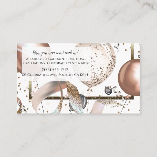 Roze Gouden Glitter Ballonnen Witte Feest Planner Visitekaartje (Achterkant)
