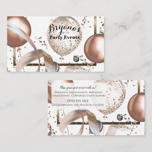 Roze Gouden Glitter Ballonnen Witte Feest Planner Visitekaartje (Voorkant / Achterkant)
