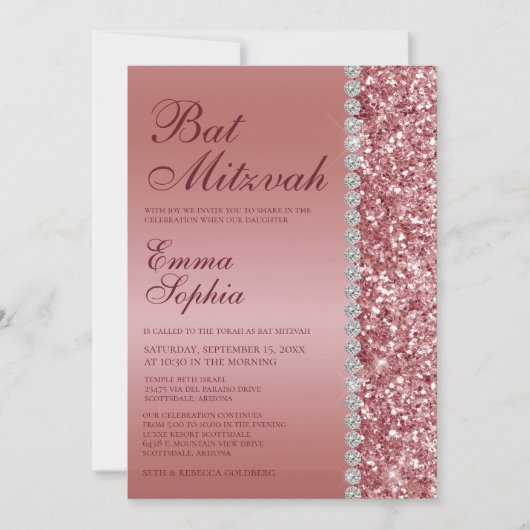 Roze Gouden Glitter Bat Mitzvah Kaart (Voorkant)