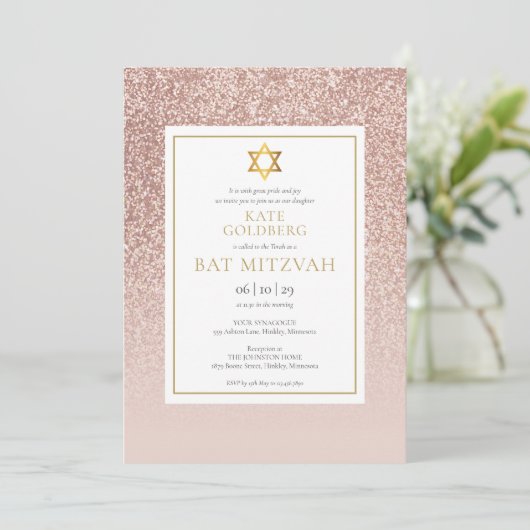 Roze Gouden Glitter Bat Mitzvah Kaart (Staand voorkant)