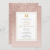 Roze Gouden Glitter Bat Mitzvah Kaart (Voorkant / Achterkant)
