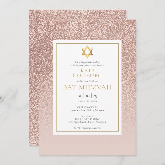 Roze Gouden Glitter Bat Mitzvah Kaart (Voorkant / Achterkant)