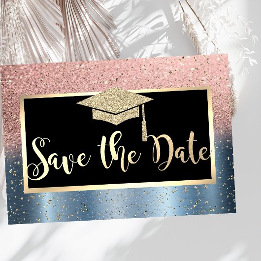 Roze Gouden Glitter Blauwe Afstudeerdatum Opslaan Save The Date