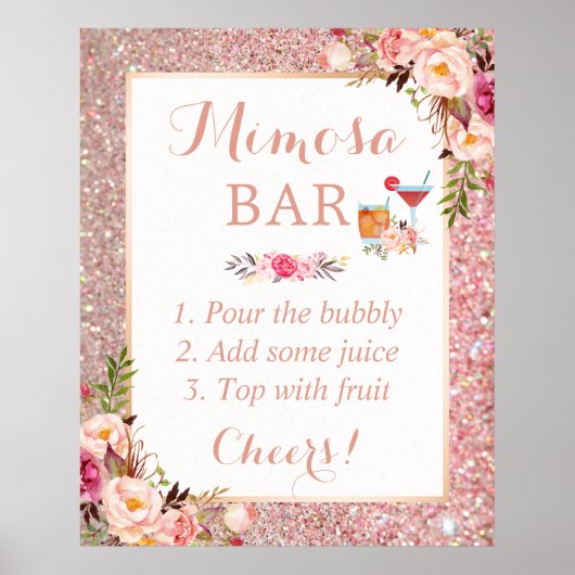 Roze Gouden Glitter Bloem Bruidsdouche Mimosa Bar Poster (Voorkant)