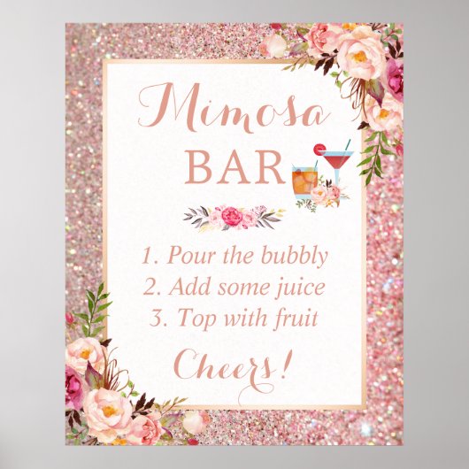 Roze Gouden Glitter Bloem Bruiloft Mimosa Bar Poster (Voorkant)