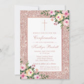 Roze Gouden Glitter Bloem Doop of Christelijke Ini Kaart (Voorkant)