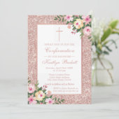 Roze Gouden Glitter Bloem Doop of Christelijke Ini Kaart (Staand voorkant)