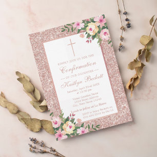 Roze Gouden Glitter Bloem Doop of Christelijke Ini Kaart
