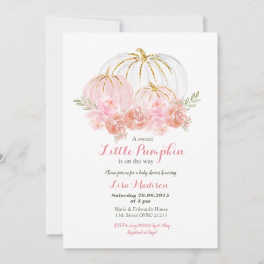 Roze Gouden Glitter Bloem Pompoen baby shower Kaart (Voorkant)