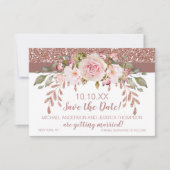Roze Gouden Glitter Bloemige Bewaar de Datum Save The Date (Voorkant)