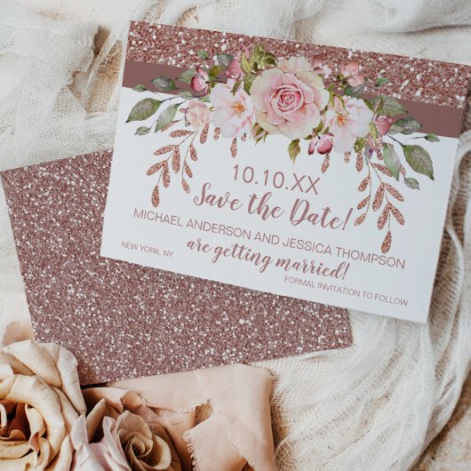 Roze Gouden Glitter Bloemige Bewaar de Datum Save The Date