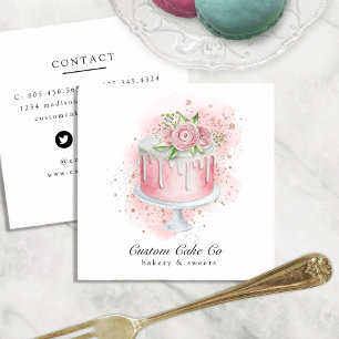 Roze, Gouden Glitter & Bloemrijke Aangepaste Taart Vierkante Visitekaartje
