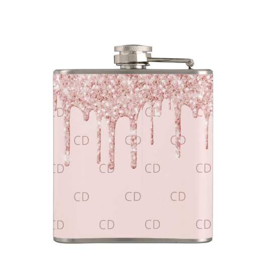 Roze gouden glitter blozend roze monogram initiaal heupfles (Achterkant)
