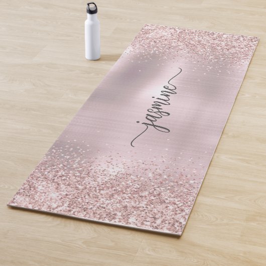 Roze Gouden Glitter Blush Metalen Monogram Schrift Yogamat (In situ)
