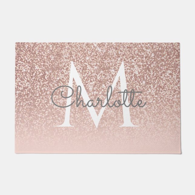 Roze Gouden Glitter Blush Roze Monogram Elegant Deurmat (Voorkant)