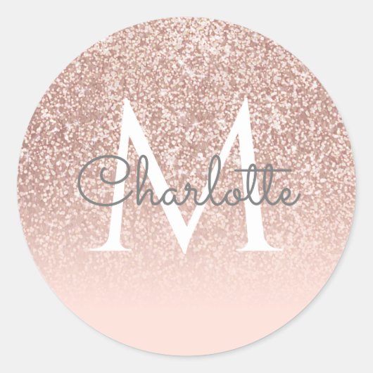 Roze Gouden Glitter Blush Roze Monogram Meisjesach Ronde Sticker (Voorkant)