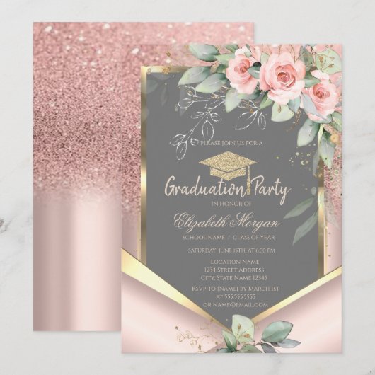 Roze Gouden Glitter Blush Rozen Afstuderen Kaart (Voorkant / Achterkant)