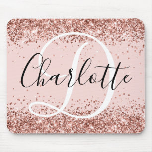 Roze Gouden Glitter Blush Zwart en Wit Monogram Muismat