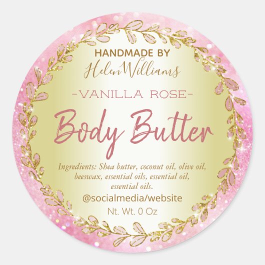 Roze Gouden Glitter Body Butter Labels (Voorkant)