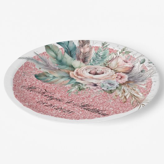 Roze Gouden Glitter Boho Bloemen Veren Bruiloft Papieren Bordje (Gekanteld)