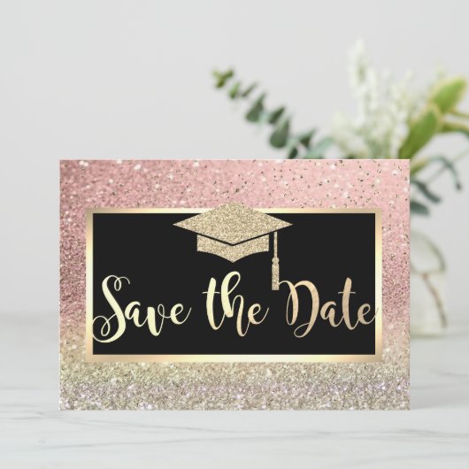 Roze Gouden Glitter Bokeh Afstudeer Save The Date (Staand voorkant)