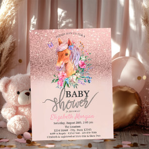 Roze Gouden Glitter Bokeh Bloemige Pony Baby Showe Kaart