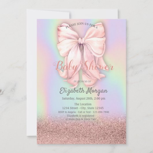 Roze Gouden Glitter Bokeh, Roze Strik Holografisch Kaart (Voorkant)