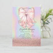 Roze Gouden Glitter Bokeh, Roze Strik Holografisch Kaart (Staand voorkant)