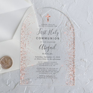 Roze Gouden Glitter Boog Eerste Communie Acryl Uitnodigingen