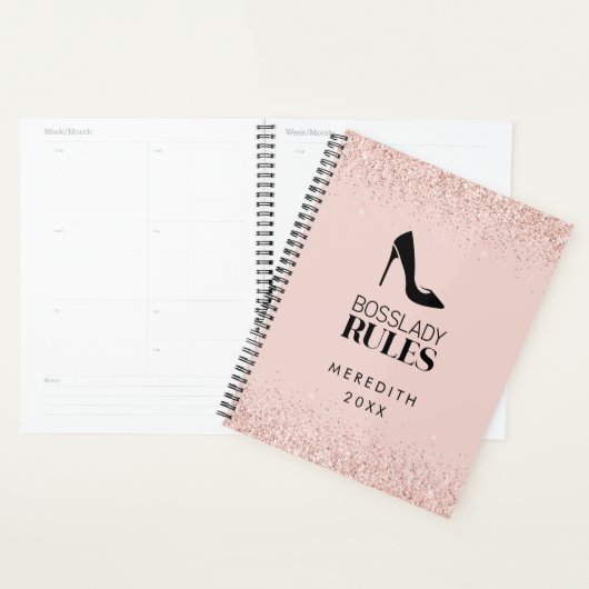 Roze Gouden Glitter Boss Lady Logo Blush Planner (Display)