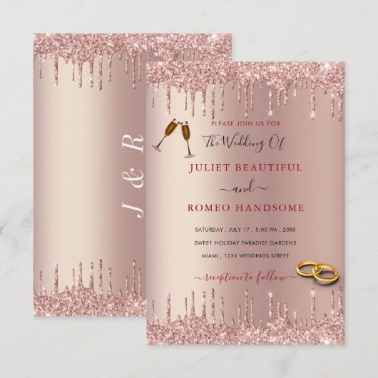 Roze Gouden Glitter Bruiloftsinvitatie Voorbeeld (Voorkant / Achterkant)
