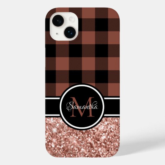 Roze Gouden Glitter Buffalo Plaid Monogram Case-Mate iPhone Case (Achterkant)