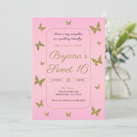 Roze & Gouden Glitter Butterfly Sweet 16 Party Kaart (Staand voorkant)