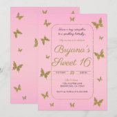 Roze & Gouden Glitter Butterfly Sweet 16 Party Kaart (Voorkant / Achterkant)