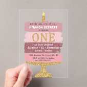 Roze & Gouden Glitter Cake 1e verjaardag Acryl Uitnodigingen (Insitu (Draagbaar))