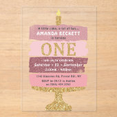 Roze & Gouden Glitter Cake 1e verjaardag Acryl Uitnodigingen (Voorkant)